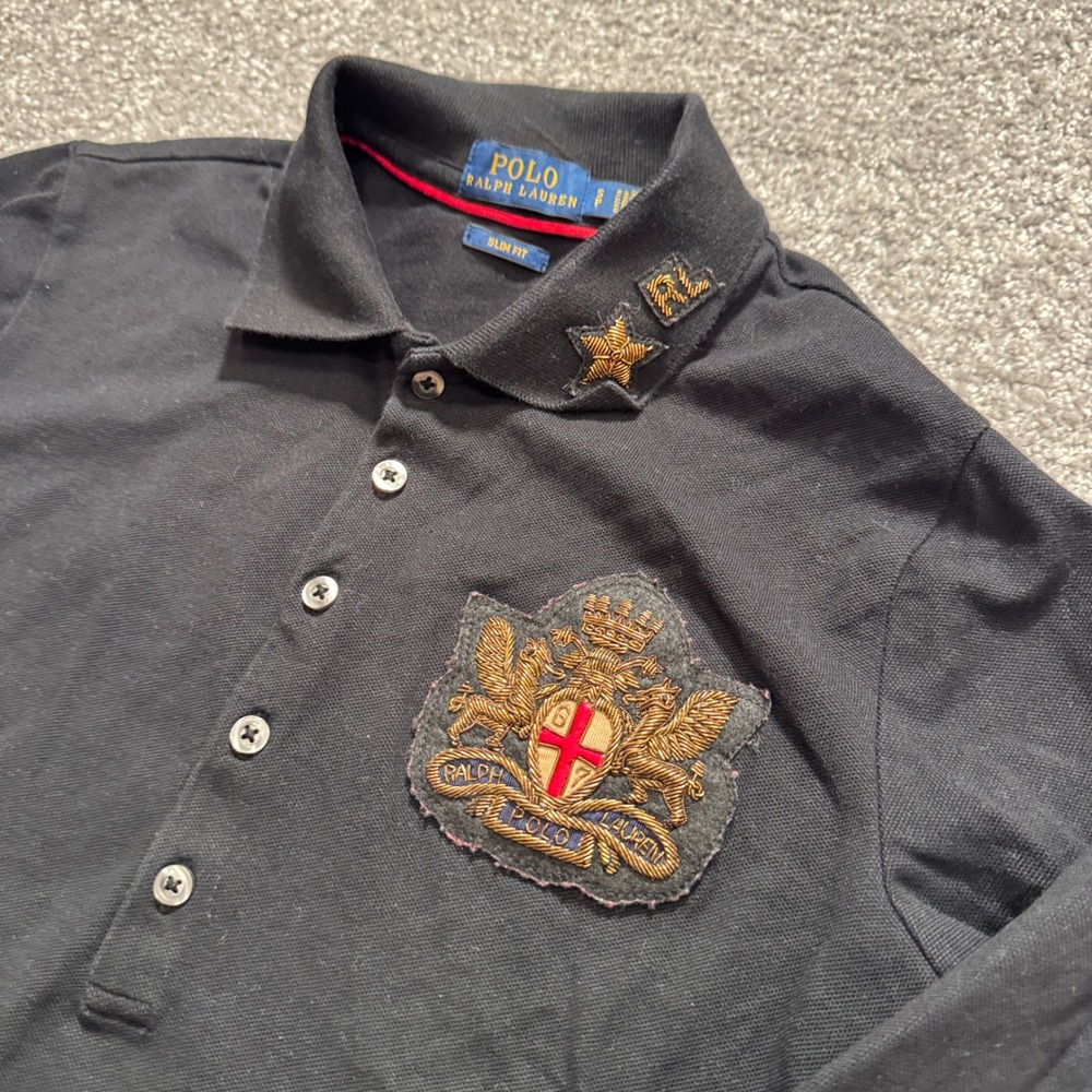 Polo Ralph Lauren Polo Shirt Boys S Black Cotton Military Crest Patch Grunge